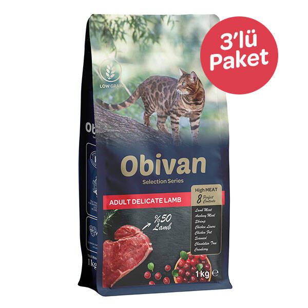 Obivan Selection Delicate Düşük Tahıllı Kuzu Etli Yetişkin Kedi Maması 1 kg (3 adet)