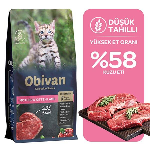Obivan Selection Kitten Düşük Tahıllı Kuzu Etli Yavru Kedi Maması 1 kg (3 adet)