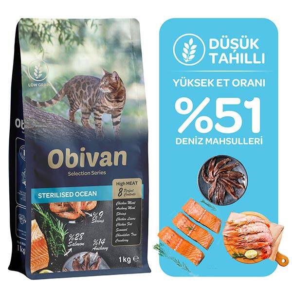 Obivan Selection Sterilised Düşük Tahıllı Okyanus Balıklı Kısırlaştırılmış Kedi Maması 1 kg (3 adet)