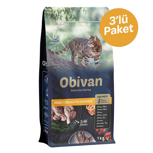 Obivan Selection Delicate Düşük Tahıllı Tavuklu Yetişkin Kedi Maması 1 kg (3 adet)
